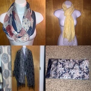 4 scarves & shawls: Nautical Ankers, Yellow, Victoria Secret Pink, & Paisley
